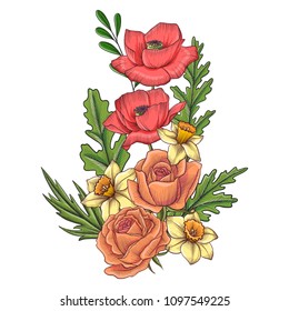 vintage vector floral composition with flowers of roses, poppies and narcissus, imitation of engraving, hand drawn design element
