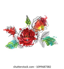 vintage vector floral composition with flowers, buds and leaves of roses and watercolor paint stains, hand drawn design element