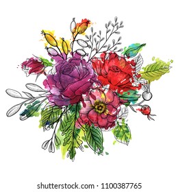 vintage vector floral composition with flowers, buds and leaves of roses and poppy and watercolor paint stains, hand drawn design element