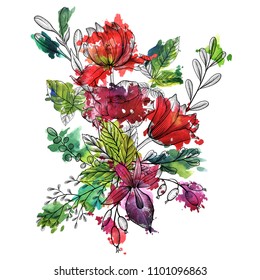 vintage vector floral composition with flowers, buds and leaves of roses and watercolor paint stains, hand drawn design element