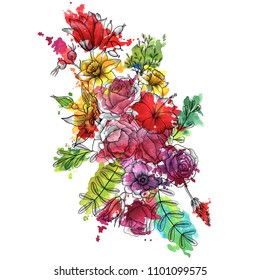 vintage vector floral composition with flowers, buds and leaves of roses and narcissus and watercolor paint stains, hand drawn design element