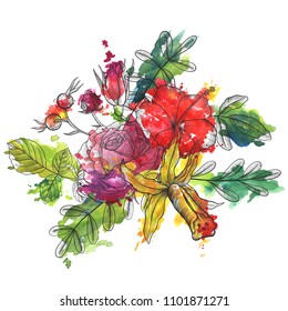 vintage vector floral composition with flowers, buds and leaves of rose, orchid and hibiscus and watercolor paint stains, hand drawn design element