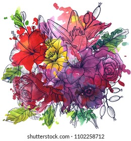 vintage vector floral composition with flowers, buds and leaves of roses and poppy and watercolor paint stains, hand drawn design element