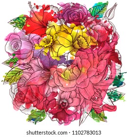 vintage vector floral composition with flowers, buds and leaves of roses and narcissus and watercolor paint stains, hand drawn design element