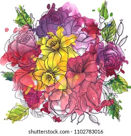 vintage vector floral composition with flowers, buds and leaves of roses and narcissus and watercolor paint stains, hand drawn design element