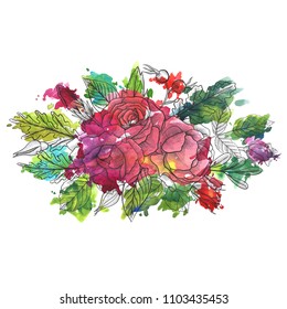 vintage vector floral composition with flowers, buds and leaves of roses and narcissus and watercolor paint stains, hand drawn design element