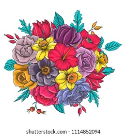 vintage vector floral composition with flowers, buds and leaves of roses, imitation of engraving, hand drawn design element