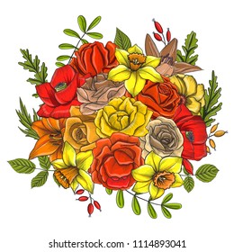vintage vector floral composition with flowers of roses, imitation of engraving, hand drawn design element