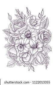 vintage vector floral composition with flowers and leaves, imitation of engraving, hand drawn design element