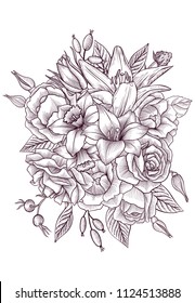 vintage vector floral composition with flowers and leaves, imitation of engraving, hand drawn design element
