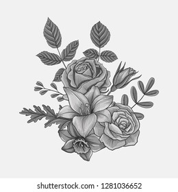 vintage vector floral composition with flowers, buds and leaves of roses, imitation of engraving, hand drawn design element