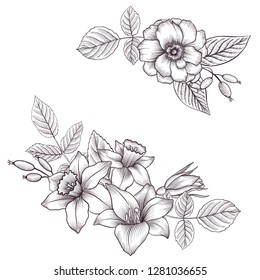 vintage vector floral composition with flowers, buds and leaves of roses, imitation of engraving, hand drawn design element