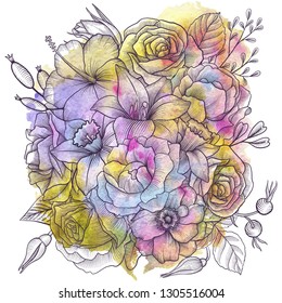 vintage vector floral composition with flowers, buds and leaves of roses at watercolor background, imitation of engraving, hand drawn design element