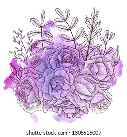 vintage vector floral composition with flowers, buds and leaves of roses at watercolor background, imitation of engraving, hand drawn design element