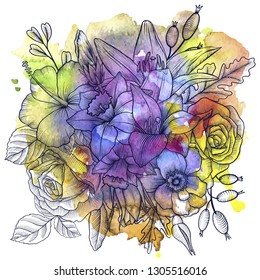 vintage vector floral composition with flowers, buds and leaves of roses at watercolor background, imitation of engraving, hand drawn design element