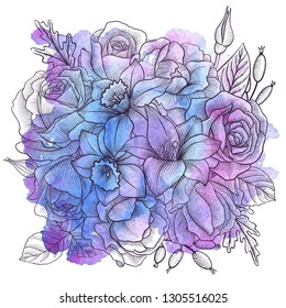 vintage vector floral composition with flowers, buds and leaves of roses at watercolor background, imitation of engraving, hand drawn design element