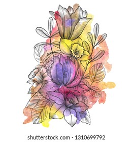 vintage vector floral composition with flowers, buds and leaves of roses at watercolor background, imitation of engraving, hand drawn design element
