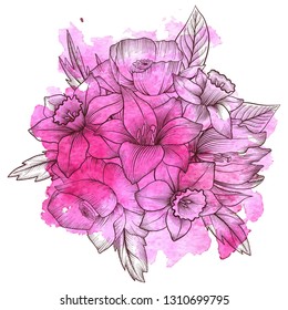 vintage vector floral composition with flowers, buds and leaves of roses at watercolor background, imitation of engraving, hand drawn design element