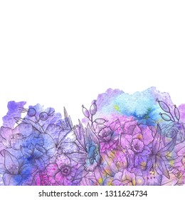 vintage vector floral composition with flowers, buds and leaves of roses at watercolor background, hand drawn design element