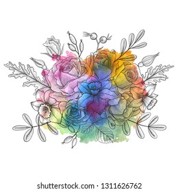 vintage vector floral composition with flowers, buds and leaves of roses at watercolor background, imitation of engraving, hand drawn design element