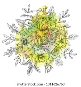 vintage vector floral composition with flowers, buds and leaves of roses at watercolor background, imitation of engraving, hand drawn design element