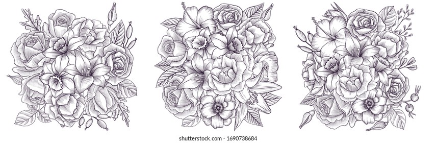 vintage vector floral composition with flowers and leaves, imitation of engraving, hand drawn design element