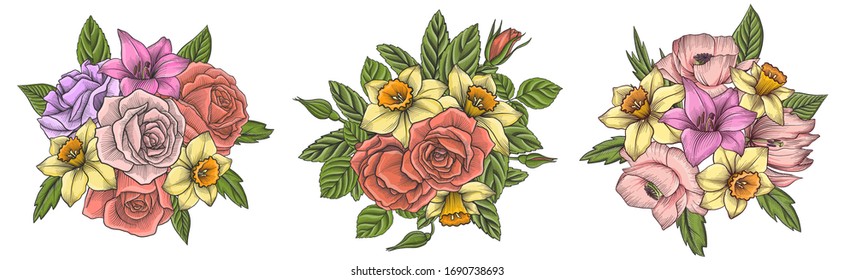 composición floral vectorial vintada con flores y hojas, elemento de diseño dibujado a mano