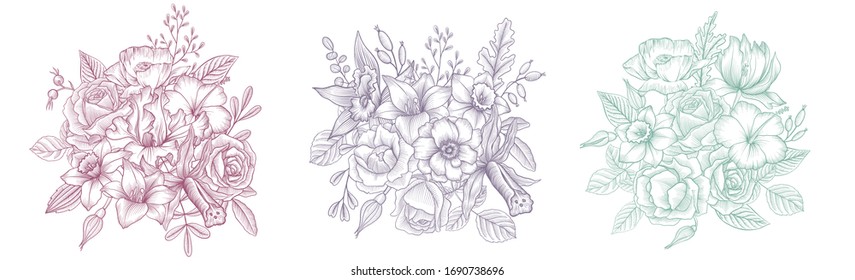composición floral vectorial vintada con flores y hojas, imitación de grabado, elemento de diseño dibujado a mano