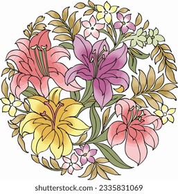 vintage vector floral composition with flowers, buds and leaves of roses, lily and narcissus, card, weadding. hand drawn design element