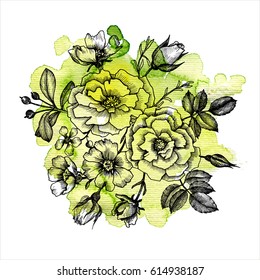 vintage vector floral composition at green watercolor background, isolated element in victorian style, flowers, buds and leaves of roses, hand drawn illustration