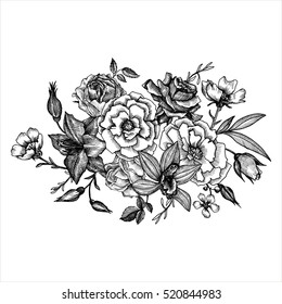 vintage vector floral composition, isolated element in victorian style, flowers, buds and leaves, ink drawing, imitation of engraving, hand drawn composition