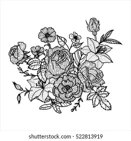 vintage vector floral composition, isolated element in victorian style, flowers, buds and leaves of roses, ink drawing, imitation of engraving, hand drawn composition