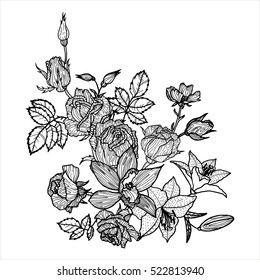 vintage vector floral composition, isolated element in victorian style, flowers, buds and leaves of roses, ink drawing, imitation of engraving, hand drawn composition