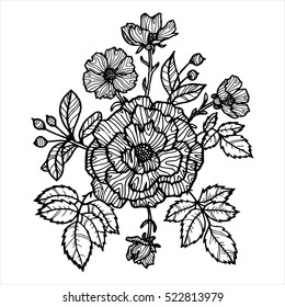 vintage vector floral composition, isolated element in victorian style, flowers, buds and leaves of roses, ink drawing, imitation of engraving, hand drawn composition