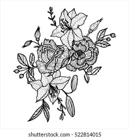vintage vector floral composition, isolated element in victorian style, flowers, buds and leaves of roses, ink drawing, imitation of engraving, hand drawn composition