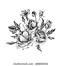 vintage vector floral composition in victorian style, flowers, buds and leaves of roses, ink drawing, imitation of engraving, hand drawn design element