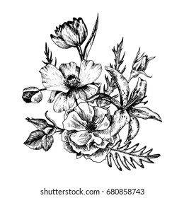 vintage vector floral composition in victorian style, flowers, buds and leaves of roses, lily and poppy, ink drawing, imitation of engraving, hand drawn design element