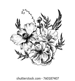 vintage vector floral composition in victorian style, flowers, buds and leaves of roses, ink drawing, imitation of engraving, hand drawn design element