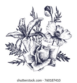 vintage vector floral composition in victorian style, flowers, buds and leaves of roses, ink drawing, imitation of engraving, hand drawn design element
