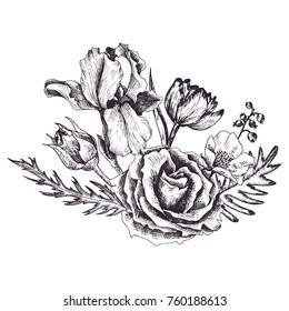 vintage vector floral composition in victorian style, flowers, buds and leaves of roses, ink drawing, imitation of engraving, hand drawn design element