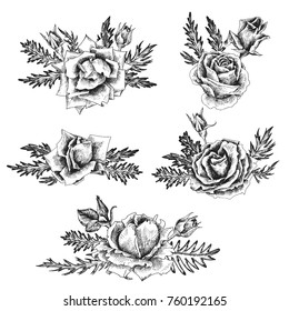 vintage vector floral composition in victorian style, flowers, buds and leaves of roses, ink drawing, imitation of engraving, hand drawn design element