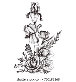 vintage vector floral composition in victorian style, flowers, buds and leaves of roses, ink drawing, imitation of engraving, hand drawn design element
