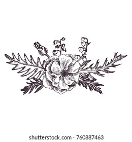 vintage vector floral composition in victorian style, flowers, buds and leaves of roses, ink drawing, imitation of engraving, hand drawn design element