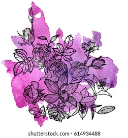 vintage vector floral composition at watercolor background, isolated element in victorian style, flowers, buds and leaves of roses, hand drawn illustration