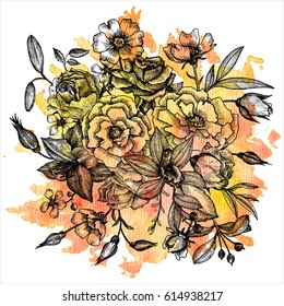 vintage vector floral composition at watercolor background, isolated element in victorian style, flowers, buds and leaves of roses, hand drawn illustration