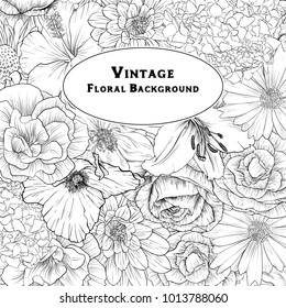 vintage vector floral frame in victorian style with flowers, hand drawn design template