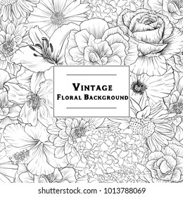 vintage vector floral frame in victorian style with flowers, hand drawn design template