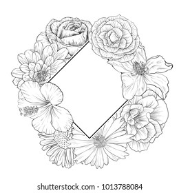 vintage vector floral frame in victorian style with flowers, hand drawn design template