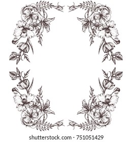 vintage vector floral frame in victorian style, flowers, buds and leaves of roses, ink drawing, imitation of engraving, hand drawn design template