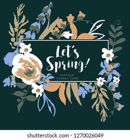 Vintage Vector Floral Greeting Card with Wildflowers, Natural Summer Illustration, Blue and White Flowers